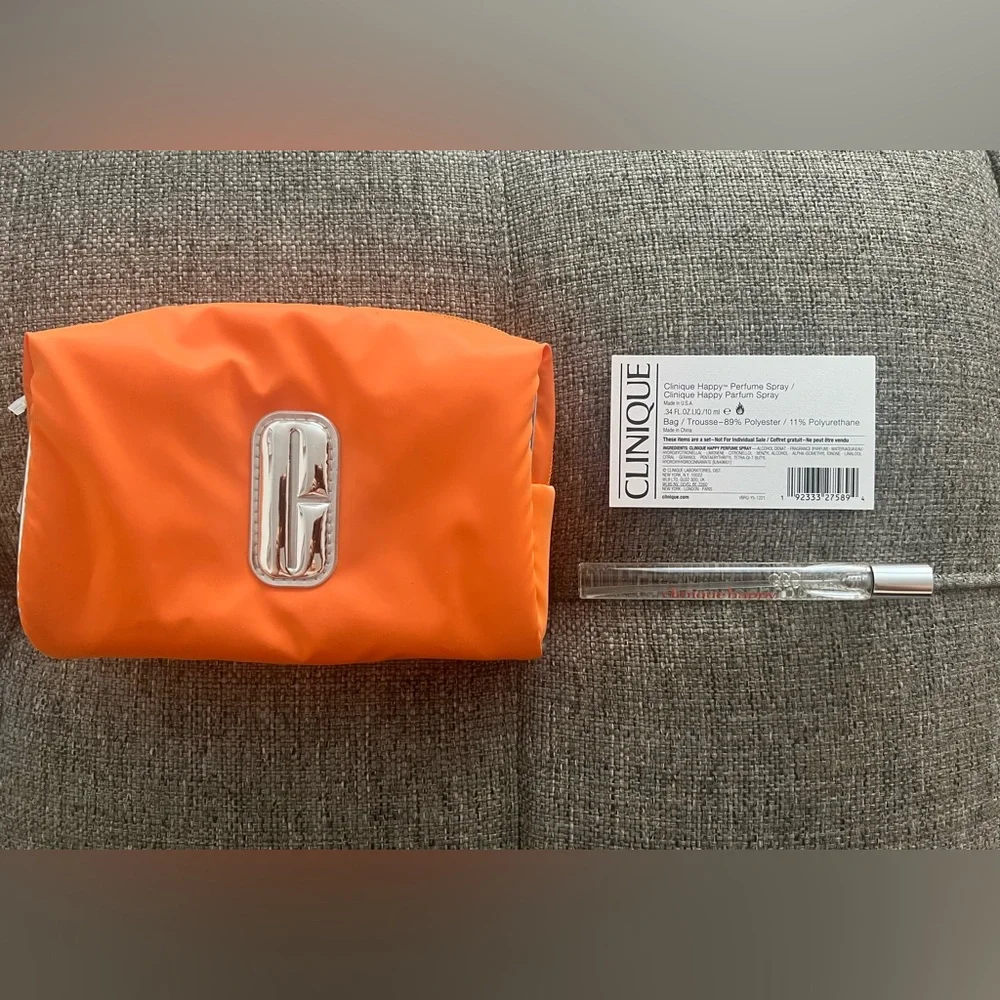 Clinique Happy Perfume Spray 10ml/0.34fl.oz. Travel Spray + Orange Cosmetics Bag